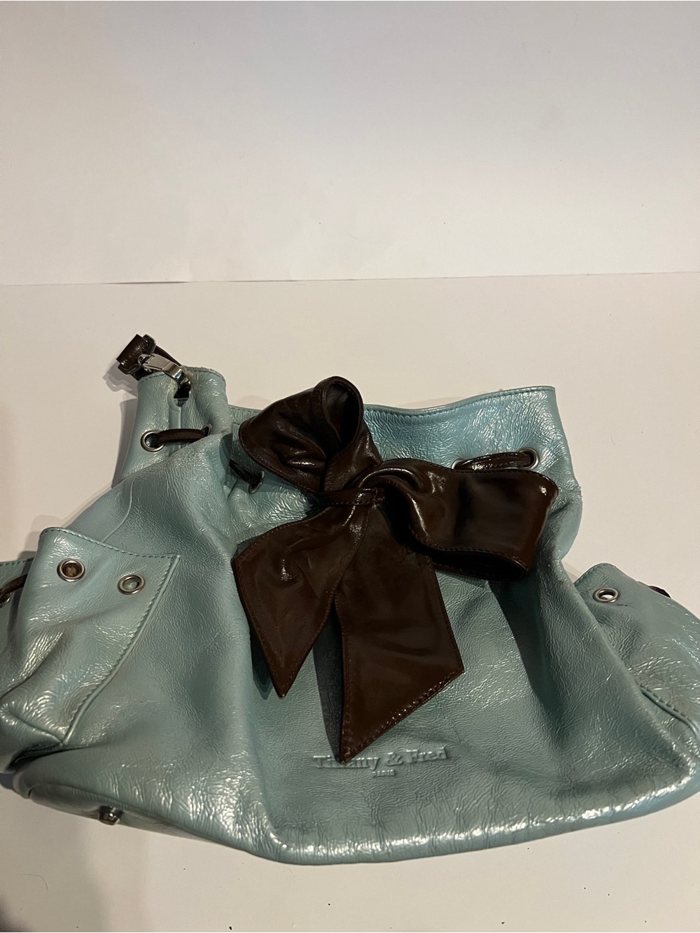 Tiffany & Fred Light Blue Leather Shoulder Bag with Brown Bow